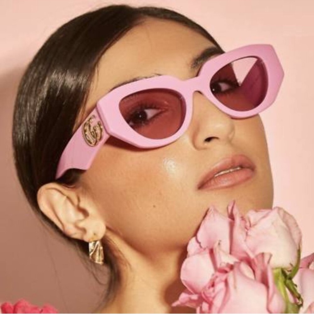 Gucci Pink Geometric Acetate Butterfly Sunglasses Oversized GG Logo w/ Case - Picture 4 of 13